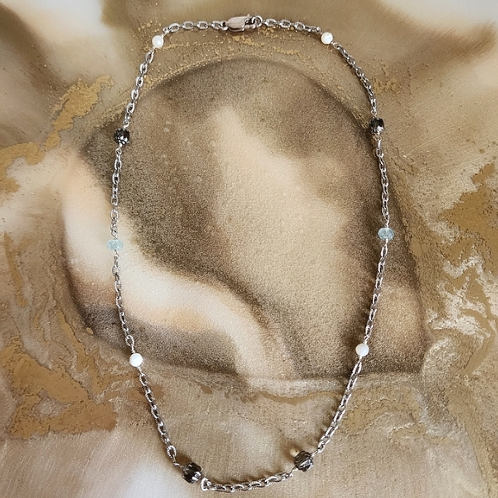 Czech Glass Mother of Pearl Aquamarine Silver Necklace